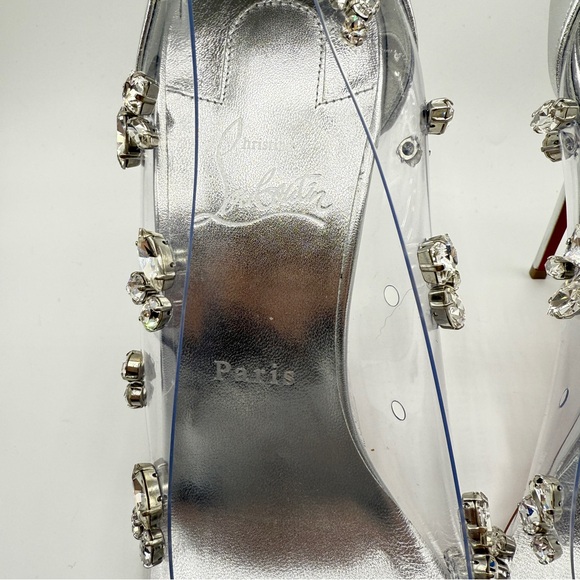 NEW Christian Louboutin Clear PVC Degraqueen Silver Metallic Leather 100 mm Heel - Picture 5 of 11